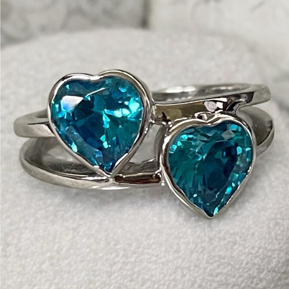 Sterling Silver and Blue CZ Heart Bypass Ring, 7